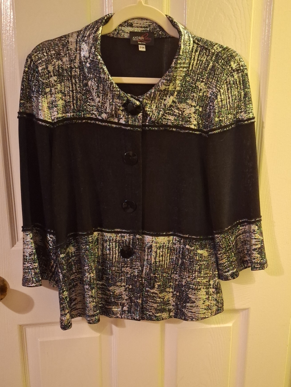Andria L. Textured Black & Multicolor Button Jacket